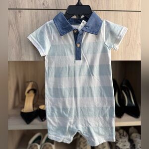 First impressions Striped Baby Romper with Blue Collar, size 3-6 months. NWT